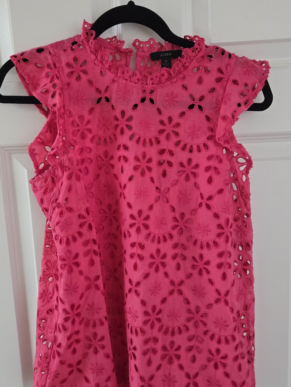 J.Crew Hot Pink Floral Eyelet Flutter Sleeve High Neck Top Small S